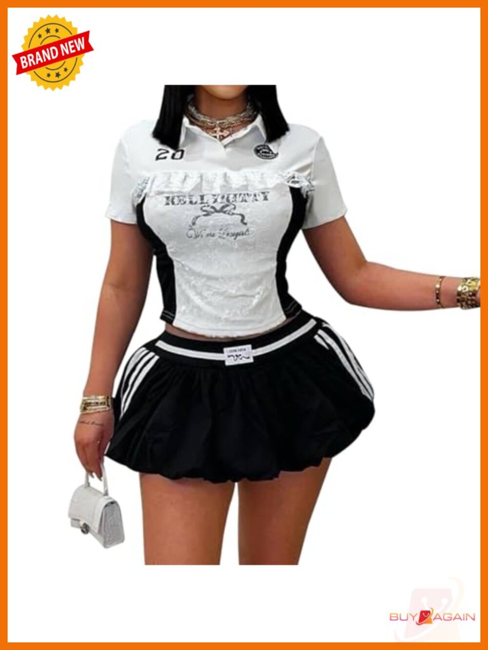 Y2K Two Piece Skirt Set with Lace Trim Crop Top and Pleated Bubble Skort